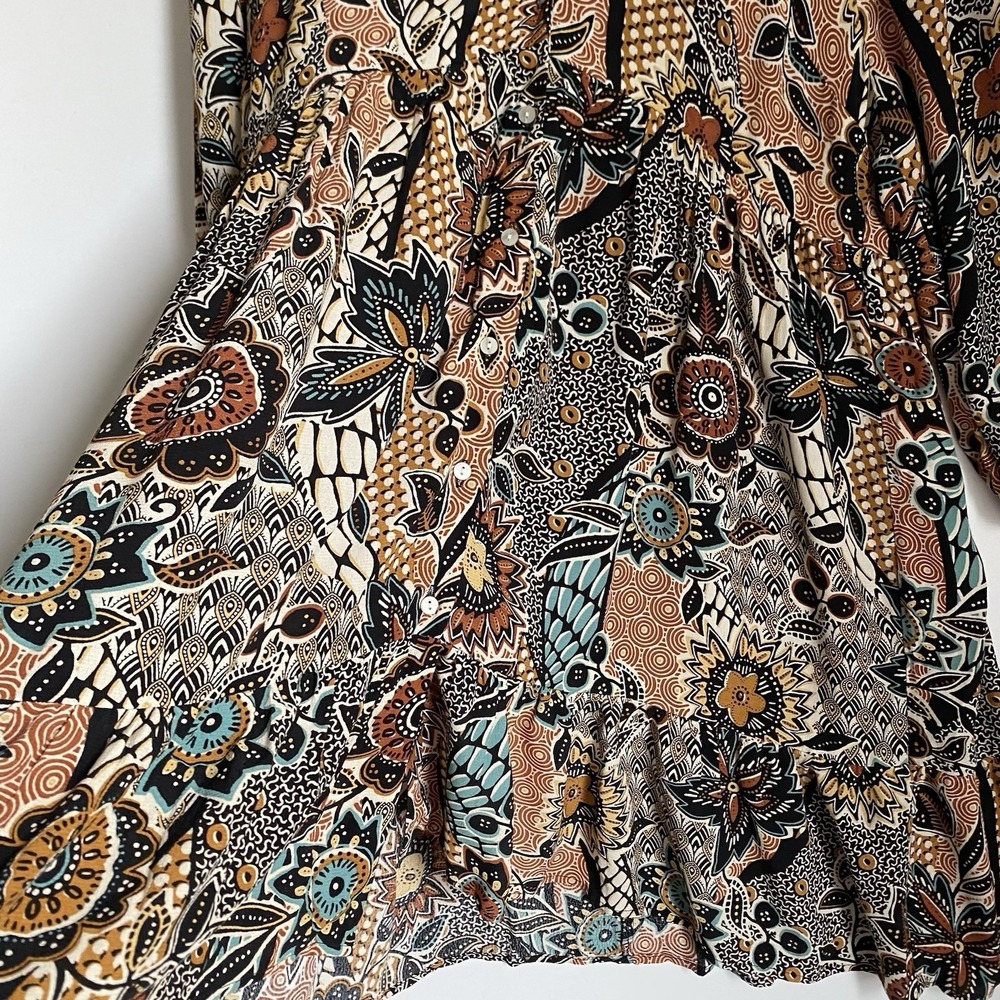 Shirt Dress US 10 Brown Floral V-neck Tiered Knee Length Boho Grunge Western - Picture 9 of 11